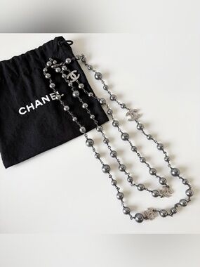 Chanel Grey Pearl CC Logo Long Necklace – Ruthenium Tone Crystal Accents